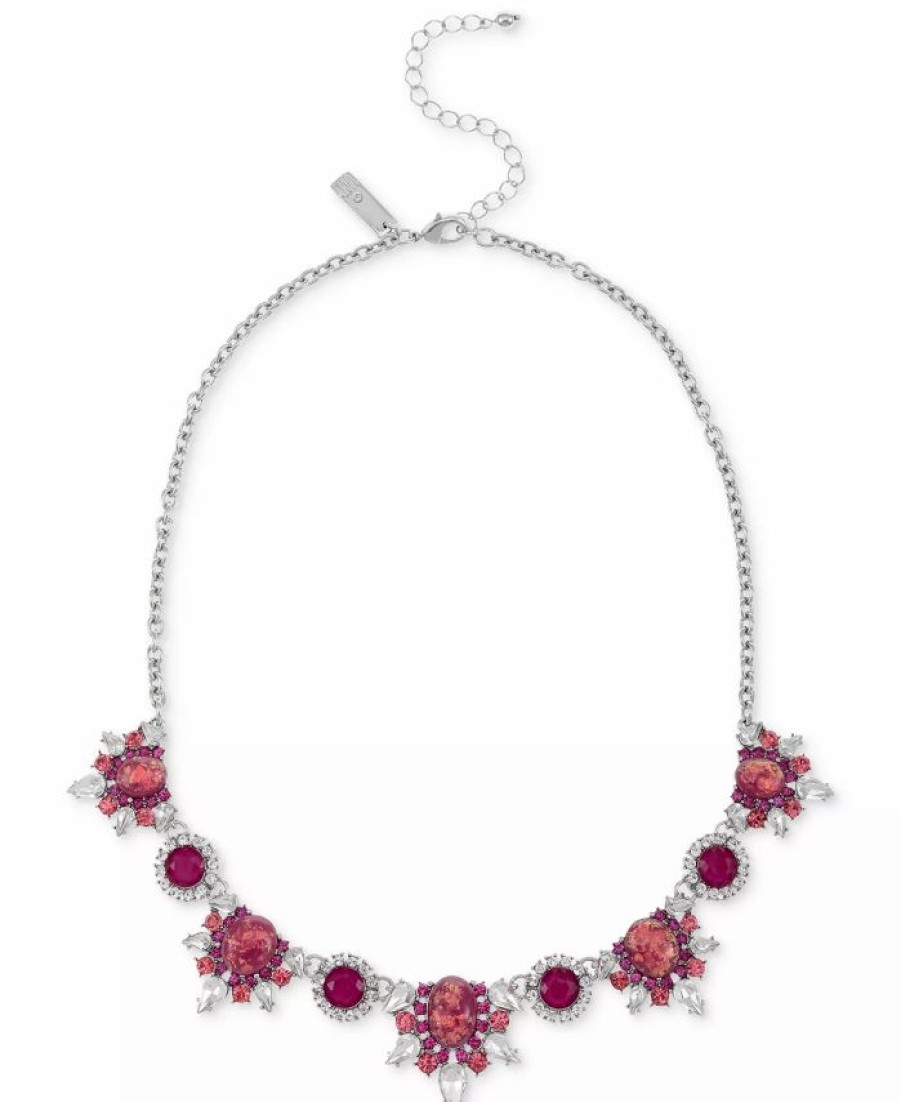 New * Inc International Concepts Silver-Tone Mixed Stone Halo & Cluster Statement Necklace, 17 + 3 Extender, Created For Macy'S Pink