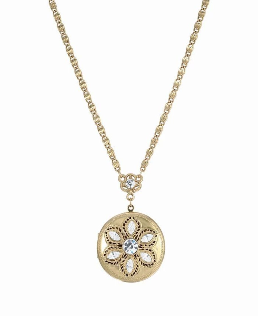 Best * 2028 Gold-Tone Crystal Accent Round Locket Necklace White