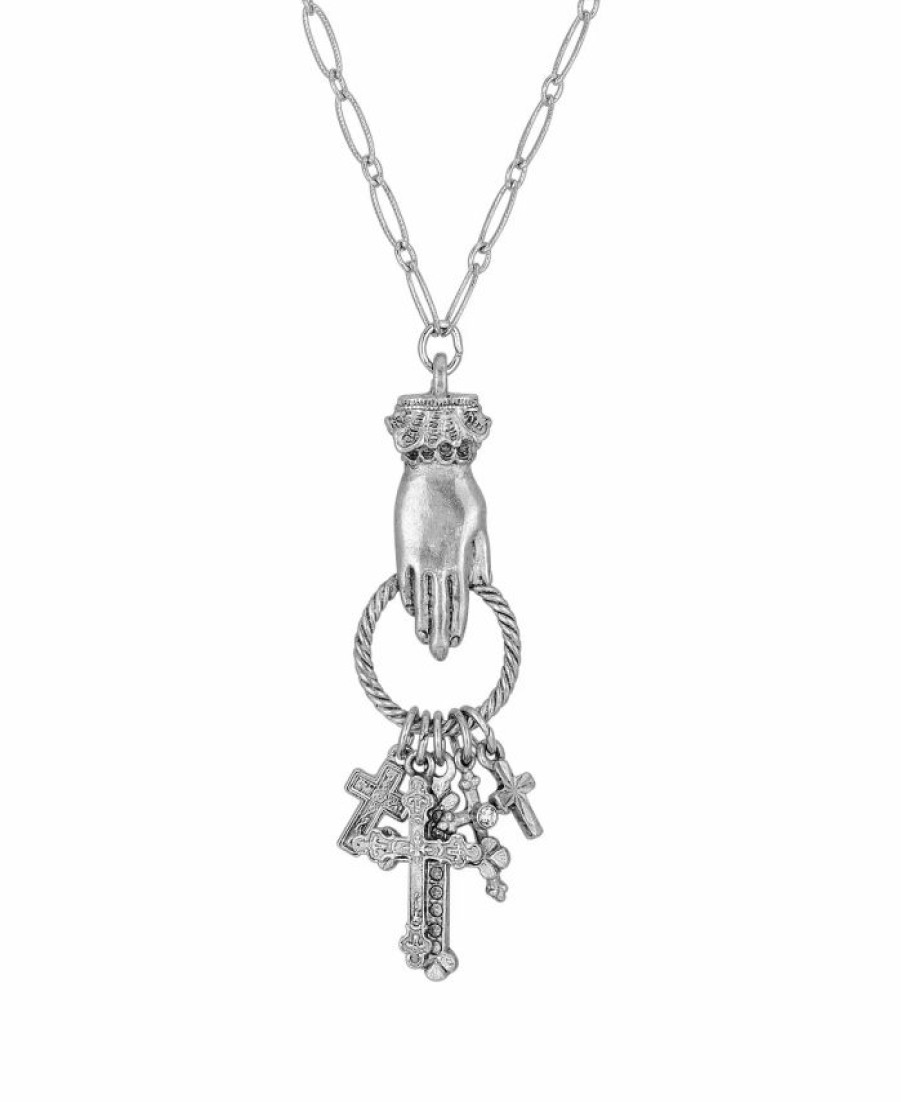 Clearance * 2028 Antiqued Pewter Hand And Multiple Cross Charm Necklace Pewter