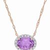 New * Macy'S 10K Rose Gold Plated Amethyst And Diamond Oval Halo Necklace Amethyst