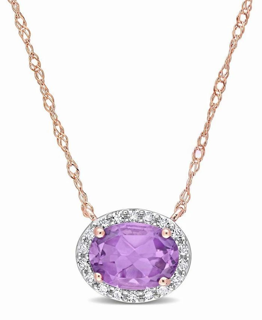 New * Macy'S 10K Rose Gold Plated Amethyst And Diamond Oval Halo Necklace Amethyst