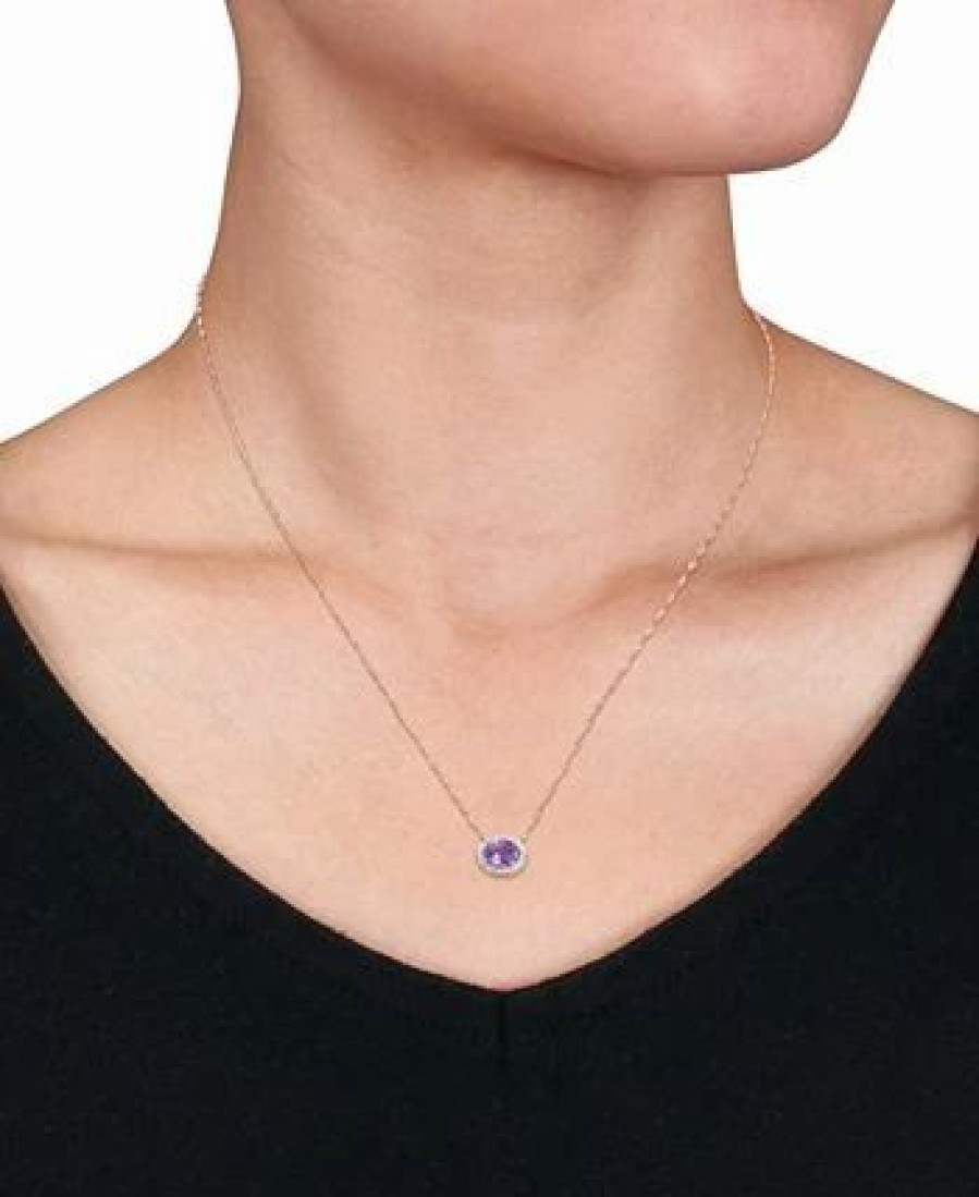 New * Macy'S 10K Rose Gold Plated Amethyst And Diamond Oval Halo Necklace Amethyst