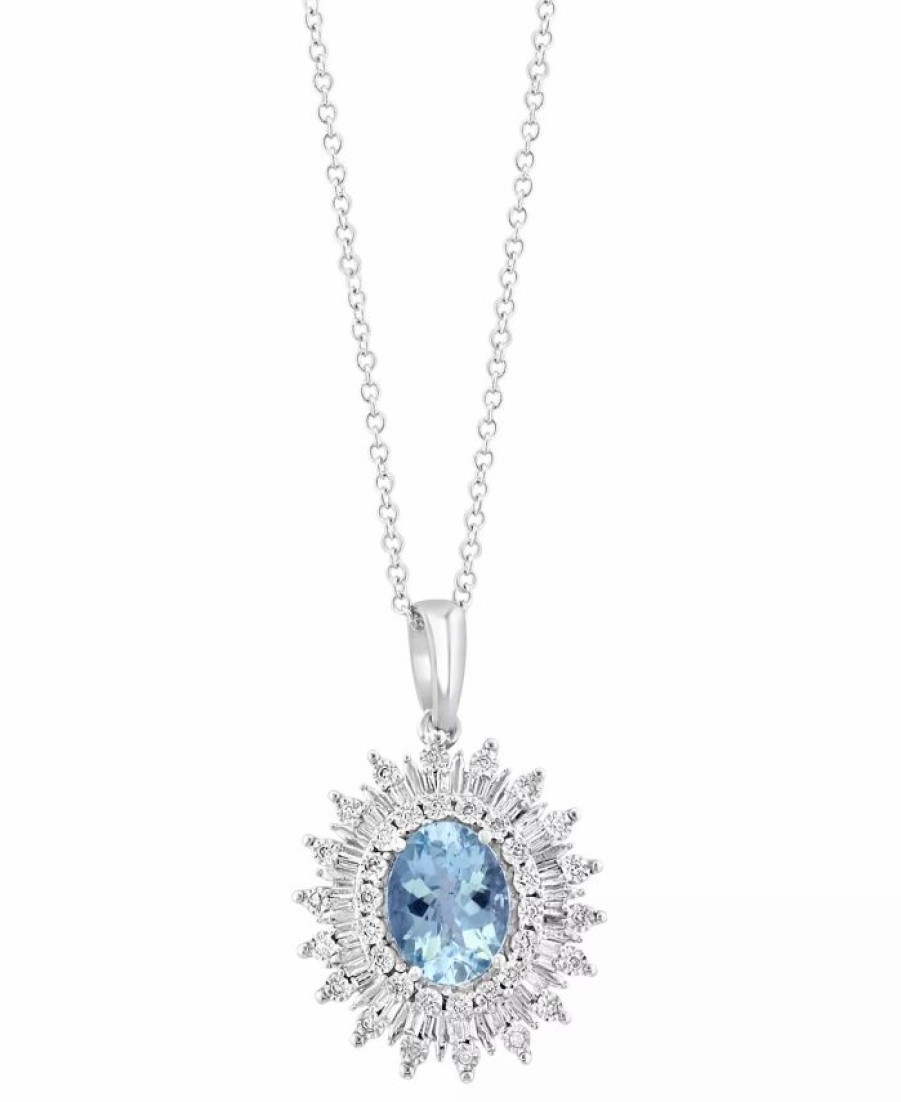 Hot * Effy Collection Aquamarine (1-5/8 Ct. T.W.) & Diamond (1/5 Ct. T.W.) Sunburst Halo 18 Pendant Necklace In 14K White Gold Aquamarine