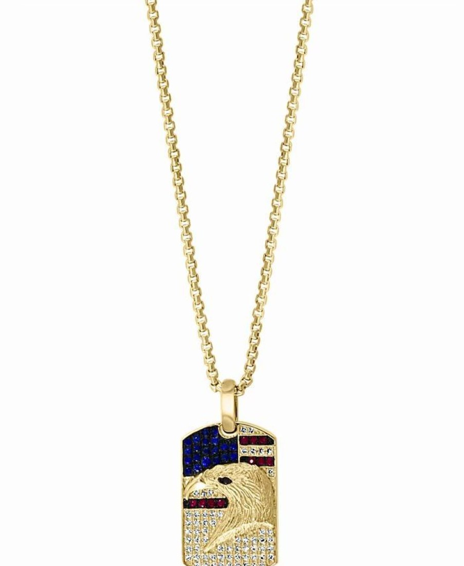 New * Effy Collection Men'S Diamond (1/3 Ct. T.W.), Ruby (1/10 Ct. T.W.) & Sapphire (1/5 Ct. T.W.) Eagle Dog Tag 22 Pendant Necklace In 14K Gold Yellow Gold