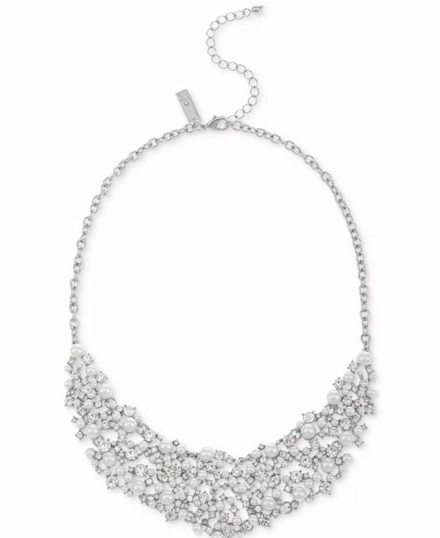 New * Inc International Concepts Silver-Tone Crystal & Imitation Pearl Cluster Statement Necklace, 15 + 3 Extender, Created For Macy'S Silver