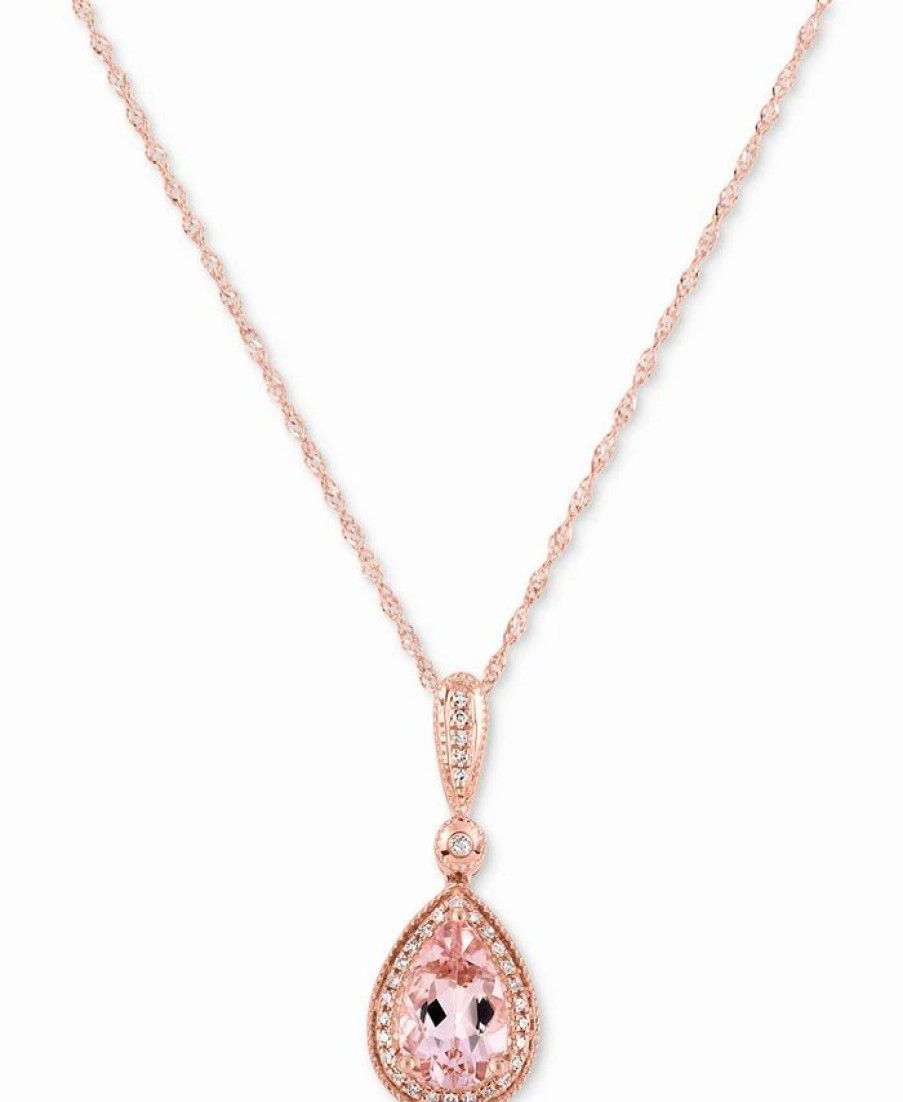 Wholesale * Macy'S Organite (1 Ct. T.W.) & Diamond (1/10 Ct. T.W.) Teardrop Halo Pendant Necklace In 14K Rose Gold, 16 + 2 Extender Morganite