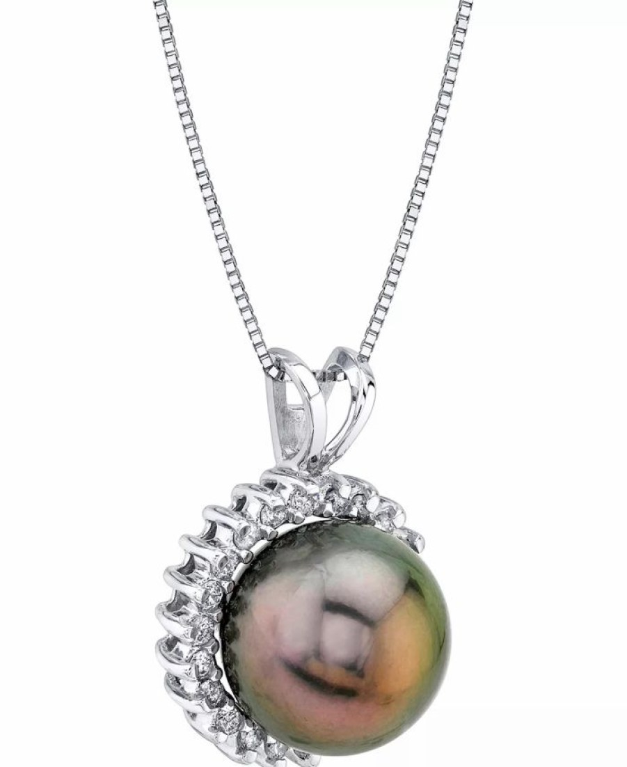 Best * Macy'S Cultured Tahitian Pearl (10Mm) & Diamond (1/5 Ct. T.W.) Halo 18 Pendant Necklace In 14K White Gold White Gold