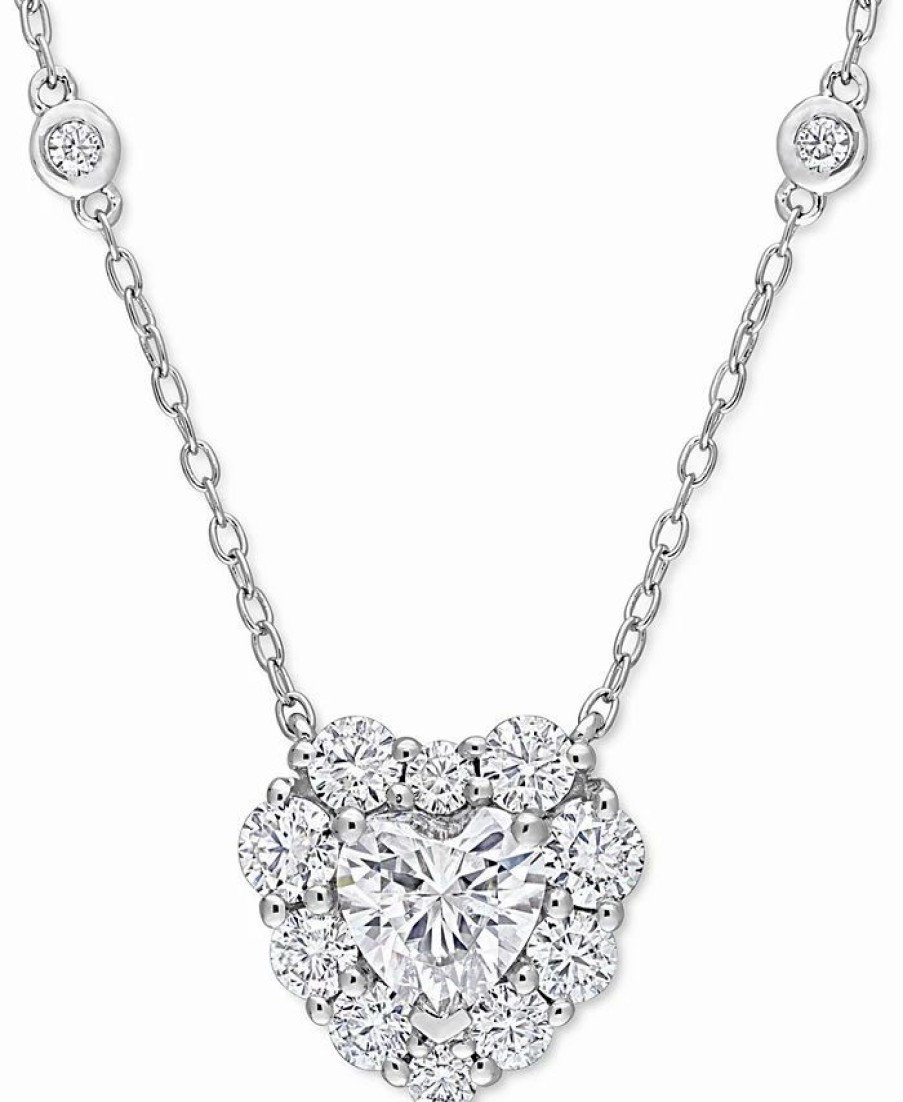 Clearance * Macy'S Lab-Created Moissanite Heart Halo 18 Pendant Necklace (2 Ct. T.W.) In Sterling Silver Moissanite