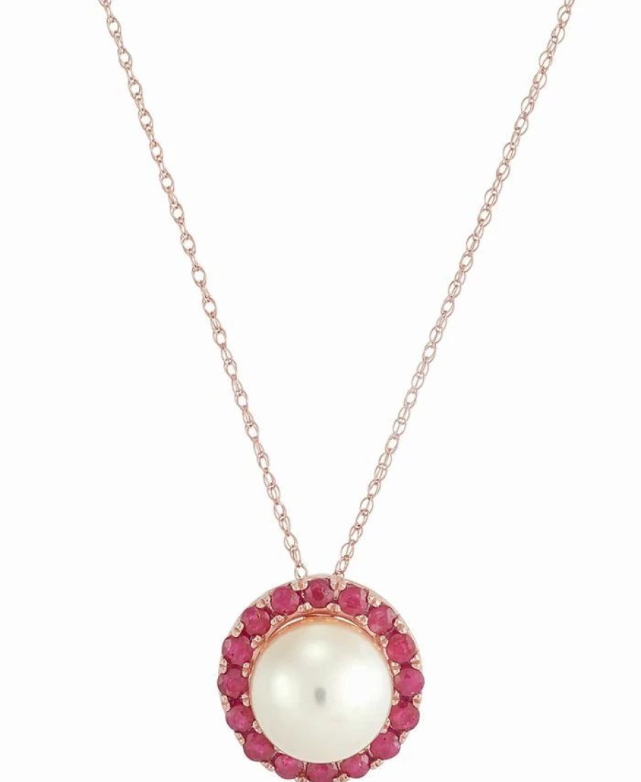 New * Macy'S Cultured Freshwater Pearl (9Mm) & Ruby (3/4 Ct. T.W.) Halo 18 Pendant Necklace In 14K Rose Gold Gold