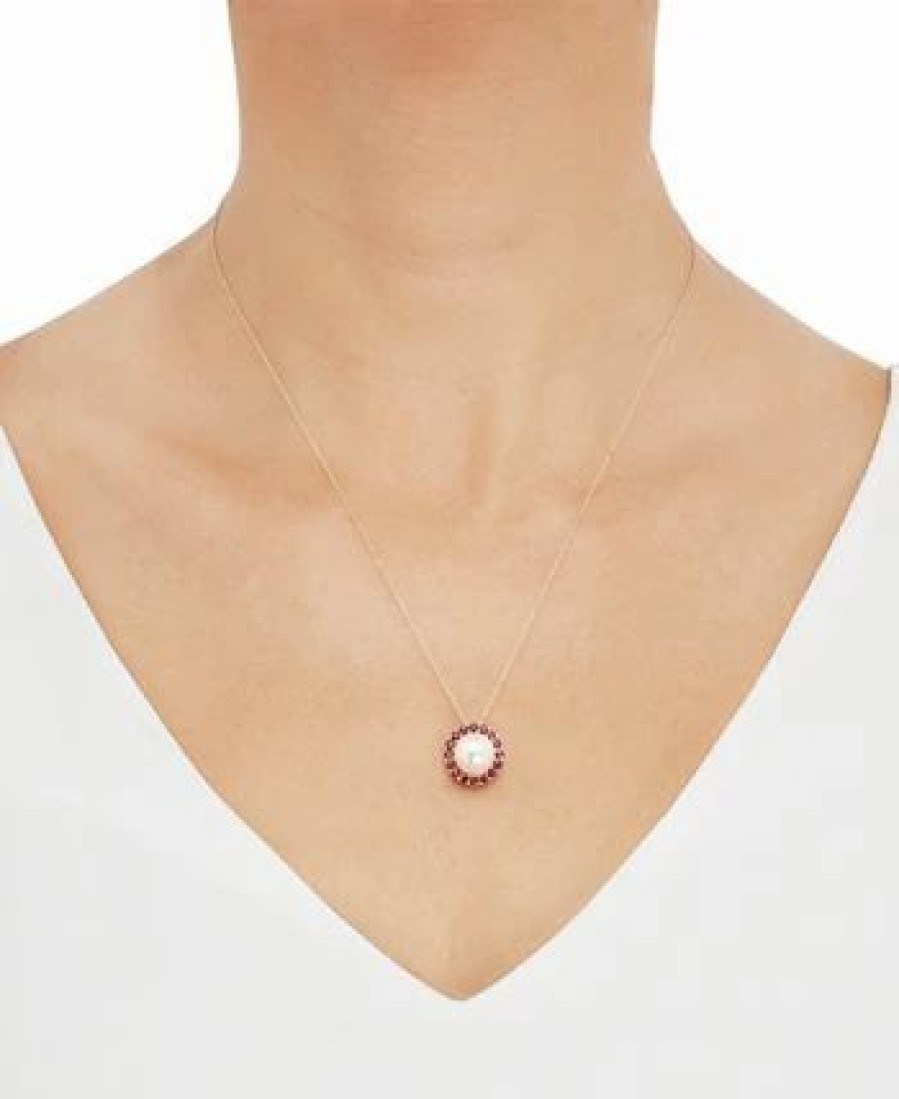 New * Macy'S Cultured Freshwater Pearl (9Mm) & Ruby (3/4 Ct. T.W.) Halo 18 Pendant Necklace In 14K Rose Gold Gold