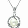 New * Macy'S Imitation Pearl With Cubic Zirconia Crystal Swirl Halo Pendant In Silver Plate 18 Silver