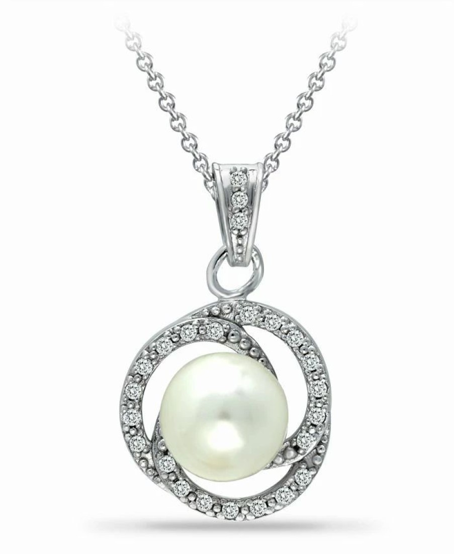 New * Macy'S Imitation Pearl With Cubic Zirconia Crystal Swirl Halo Pendant In Silver Plate 18 Silver