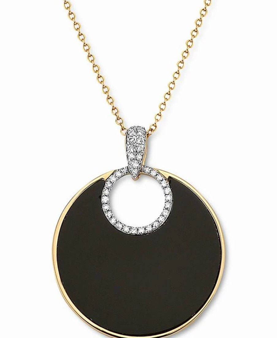 New * Effy Collection Onyx & Diamond (1/6 Ct. T.W.) Disc 18 Pendant Necklace In 14K Gold 14K Yellow Gold