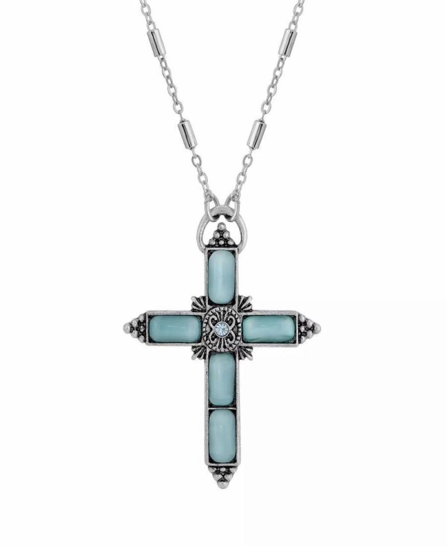 Wholesale * 2028 Silver-Tone Aqua Moonstone Aqua Crystal Cross 20 Necklace Green