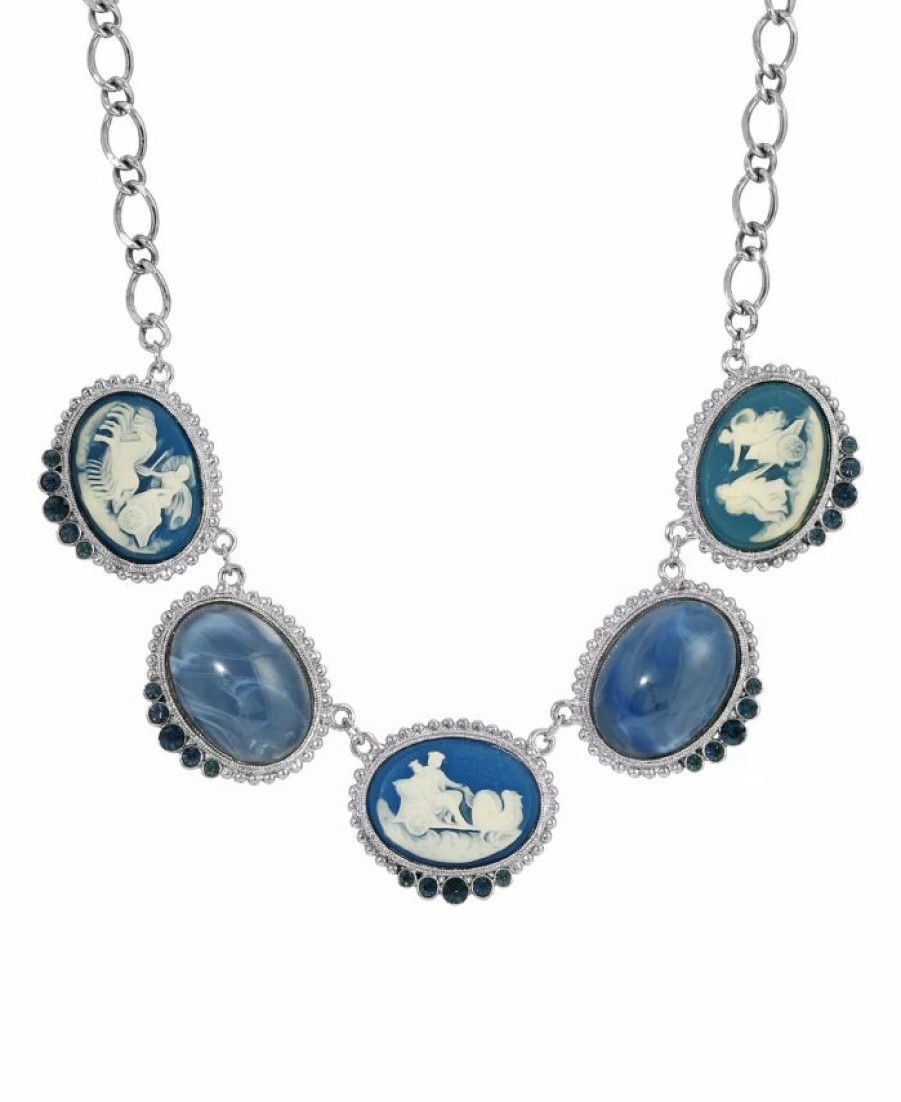 Online * 2028 Silver-Tone Chariot Cameo And Montana Stones Adj Necklace, 16 + 3 Blue