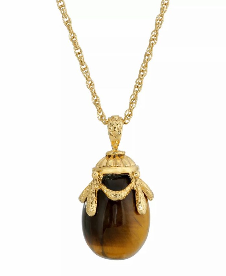 Wholesale * 2028 14K Gold Plated Semi Precious Tigers Eye Egg Pendant Necklace Brown