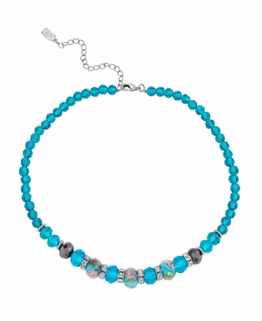 Online * 2028 Silver Tone Aqua Pink Floral Beaded Necklace 15 Adjustable Blue