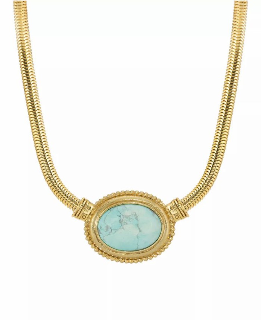 New * 2028 Gold Tone Turquoise Semi Precious Oval Stone Necklace Sapphire