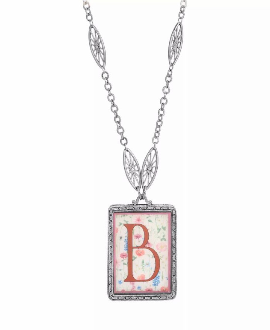 Best * 2028 Initial A-Z Floral Rectangle Necklace