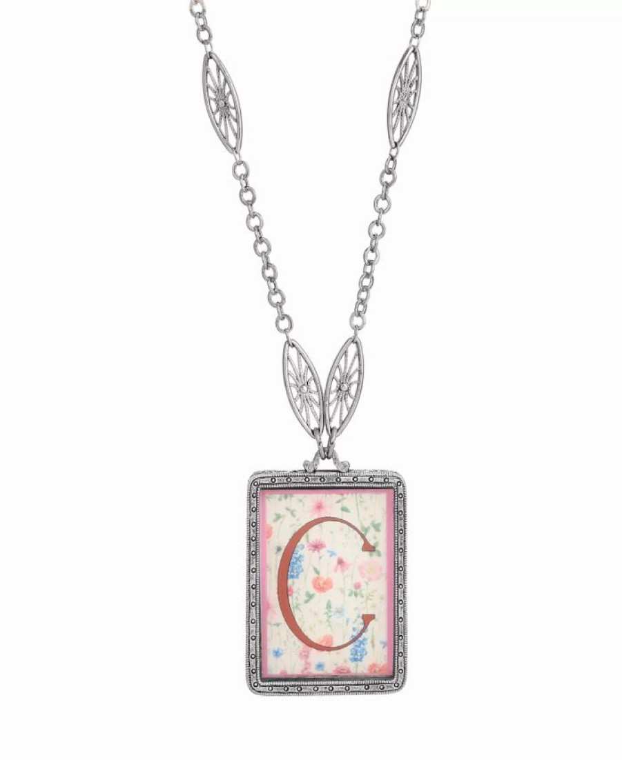 Best * 2028 Initial A-Z Floral Rectangle Necklace