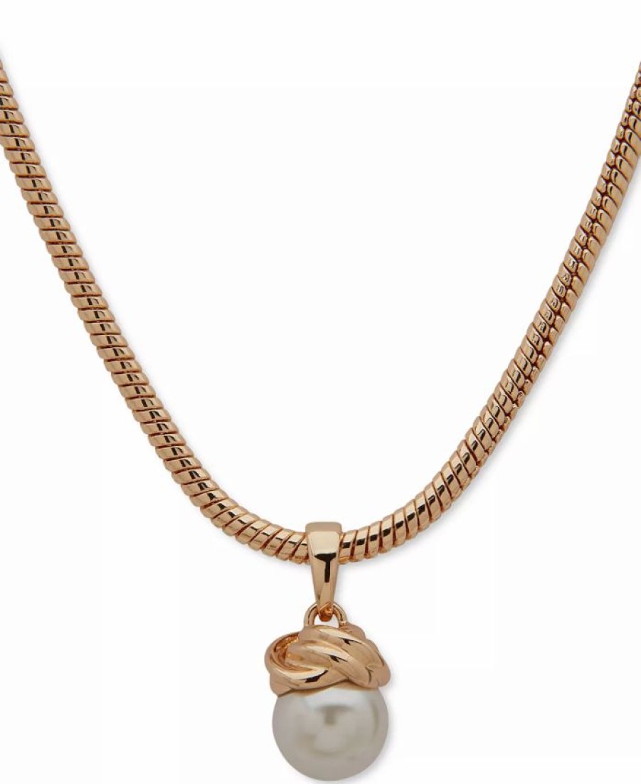 Hot * Anne Klein Gold-Tone Imitation Pearl Knot Pendant Necklace, 16 + 3 Extender Crystal