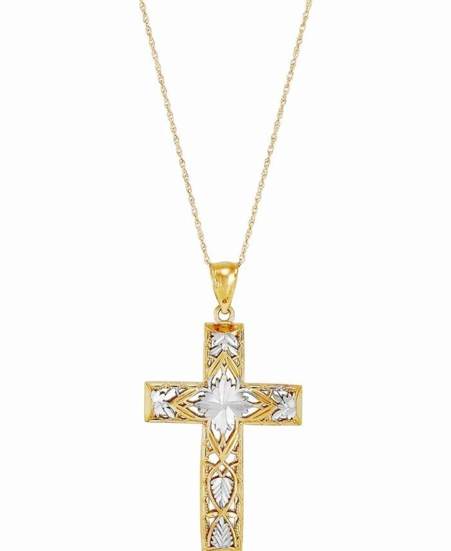 Hot * Macy'S Openwork Two-Tone Cross 18 Pendant Necklace In 10K Gold Yellow Gold