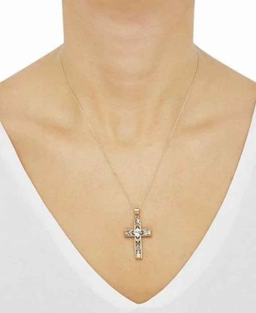 Hot * Macy'S Openwork Two-Tone Cross 18 Pendant Necklace In 10K Gold Yellow Gold