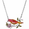 Best * 2028 Silver-Tone Red And Yellow Enameled Bird And Flower Pendant Necklace Red