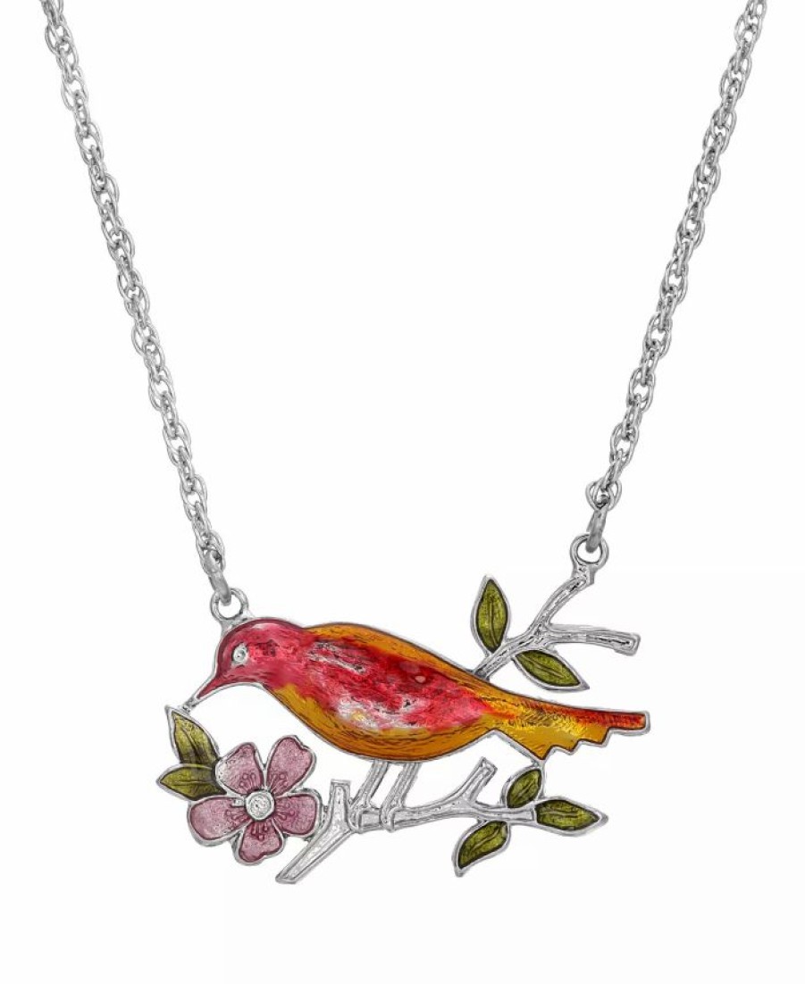 Best * 2028 Silver-Tone Red And Yellow Enameled Bird And Flower Pendant Necklace Red