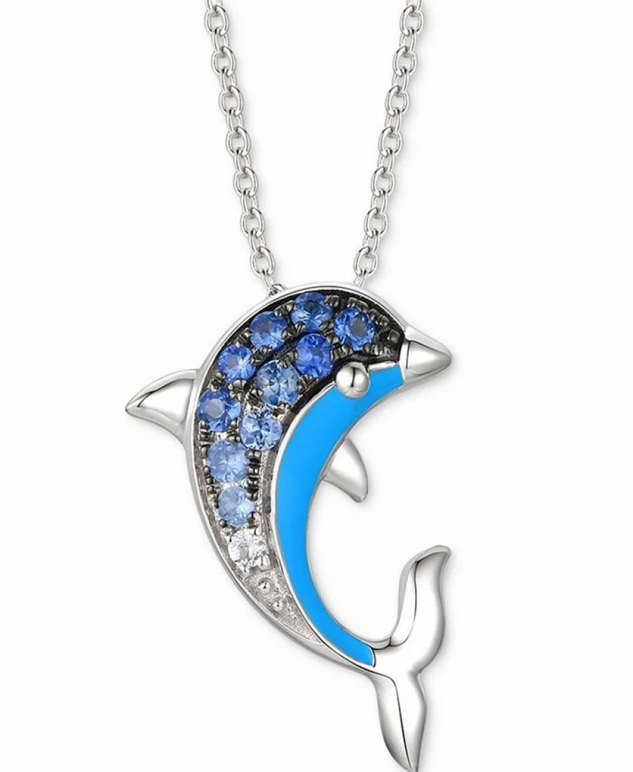 Best * Le Vian Denim Ombre (1/5 Ct. T.W.) & White Sapphire Accent Dolphin Blue Enamel Pendant Necklace In 14K White Gold, 18 + 2 Extender No Color