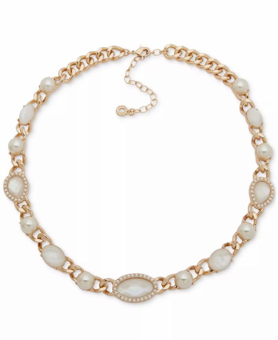 Best * Anne Klein Gold-Tone Imitation Pearl Link Collar Necklace, 16 + 3 Extender Crystal