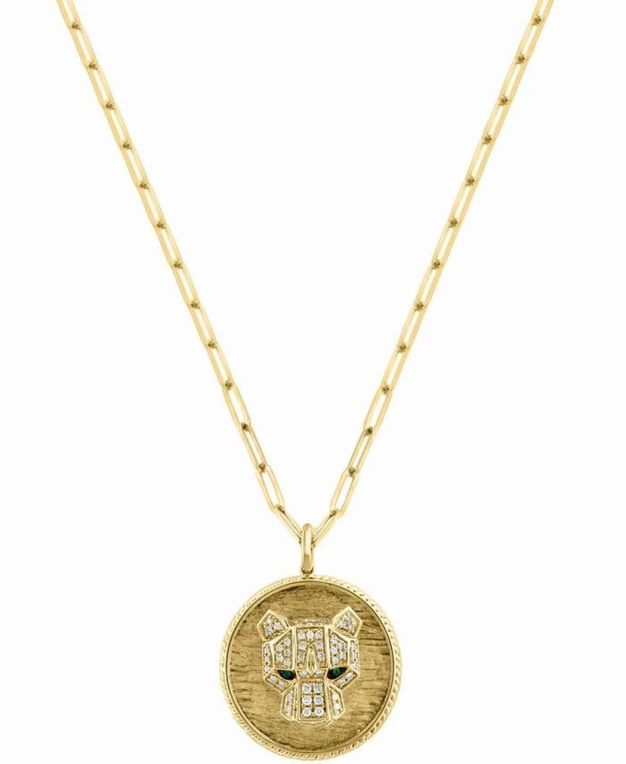 Best * Effy Collection Diamond (1/3 Ct. T.W.) & Emerald Accent Panther Head Disc 18 Pendant Necklace In 14K Gold Yellow Gold