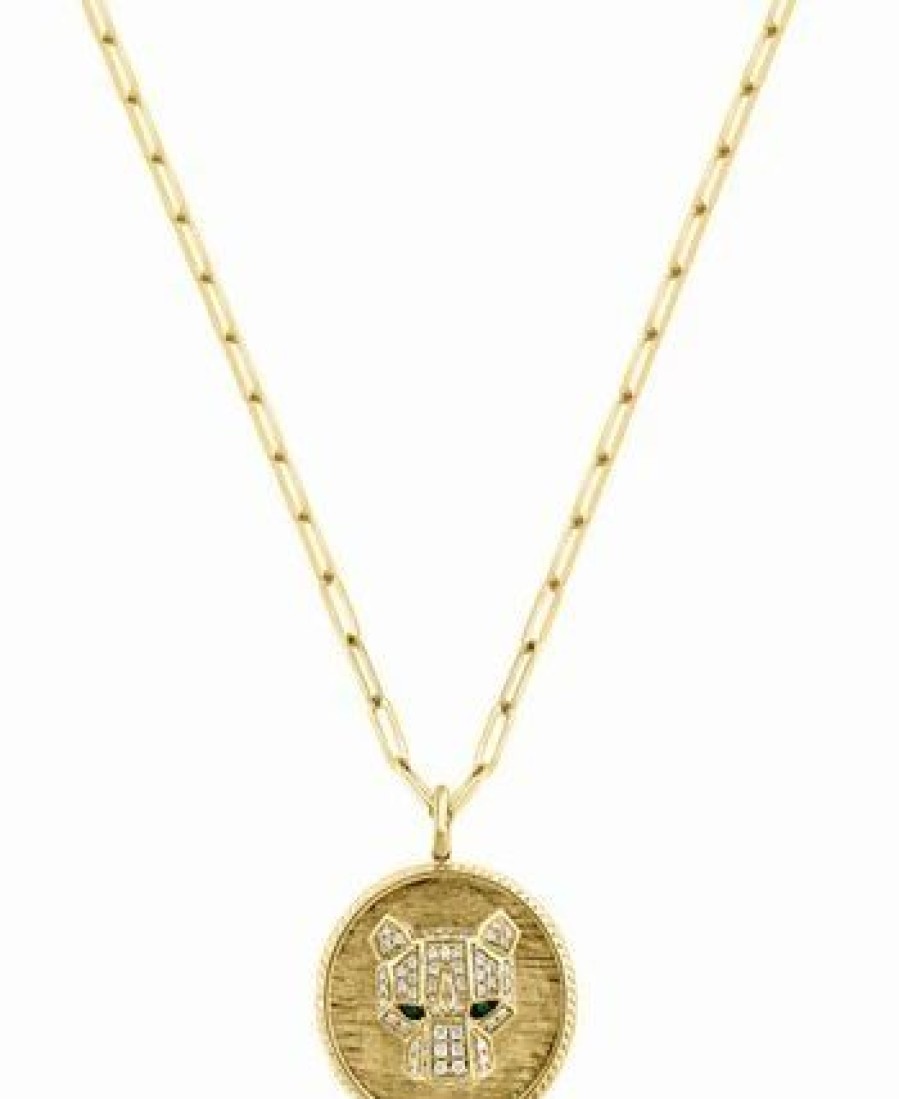 Best * Effy Collection Diamond (1/3 Ct. T.W.) & Emerald Accent Panther Head Disc 18 Pendant Necklace In 14K Gold Yellow Gold