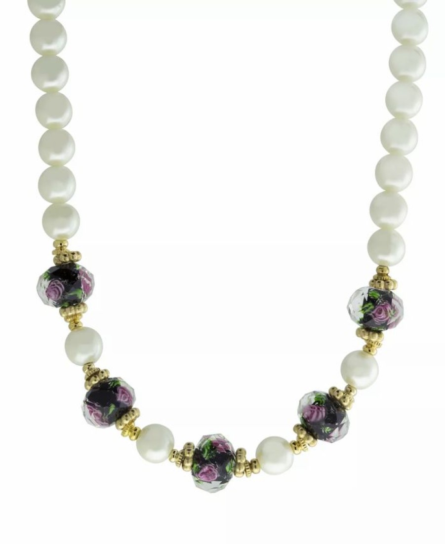 Hot * 2028 Gold-Tone Imitation Pearl And Black Floral Beaded 15 Adjustable Necklace White