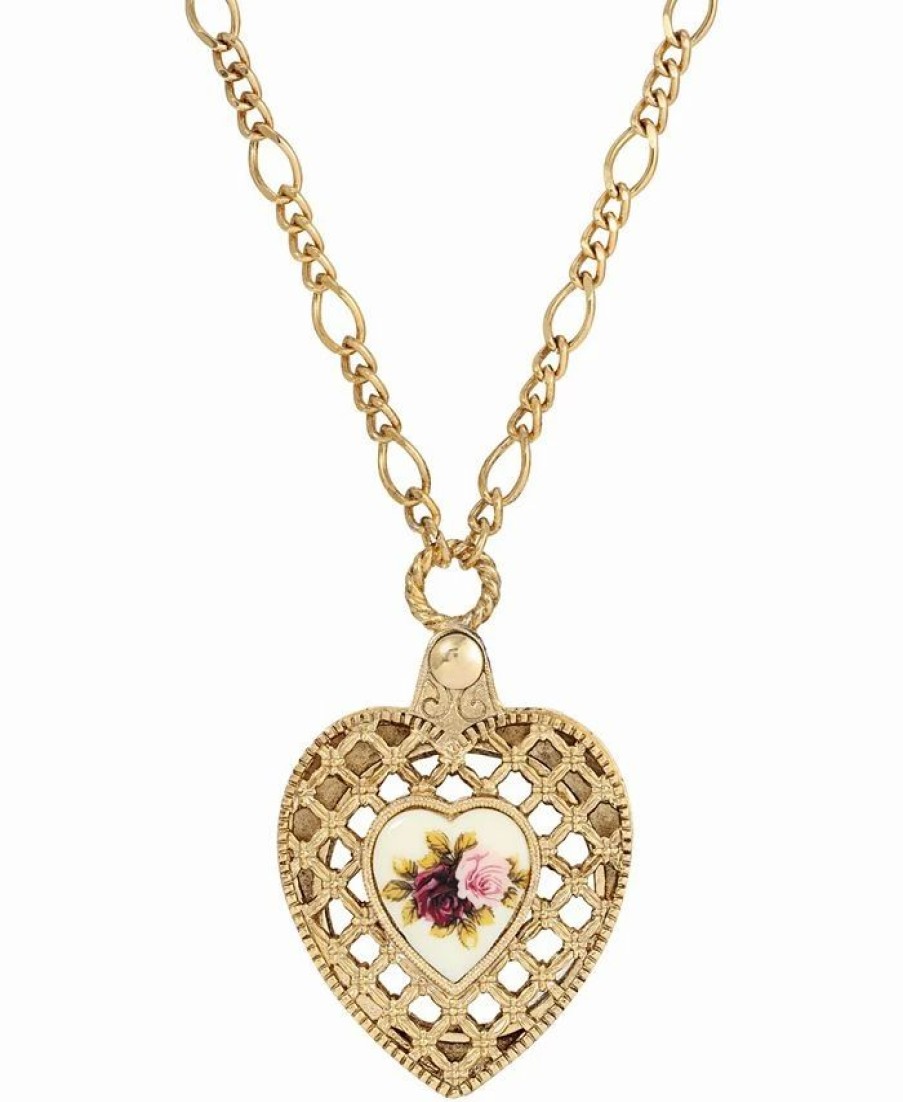 Hot * 2028 Gold-Tone Pink Flower Heart Mirror Pendant Necklace Pink