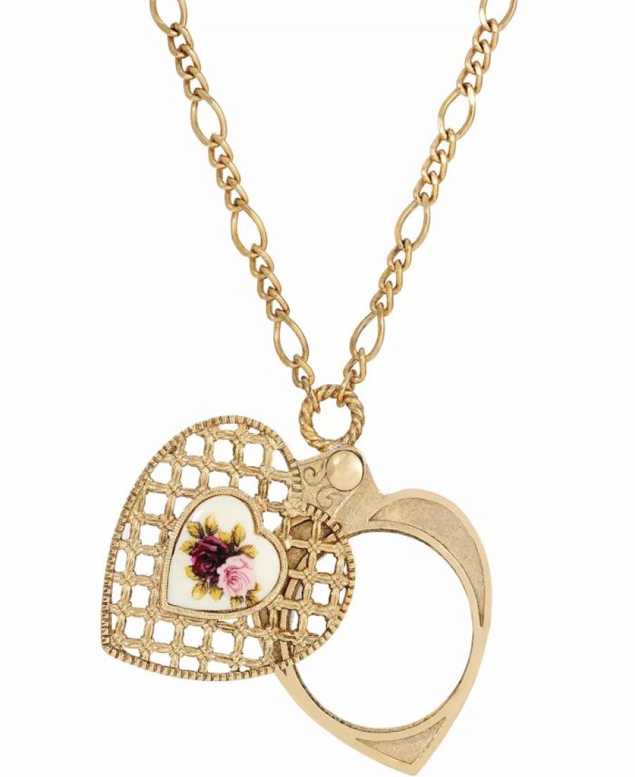 Hot * 2028 Gold-Tone Pink Flower Heart Mirror Pendant Necklace Pink