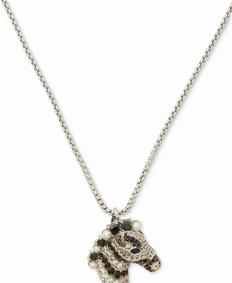 Best * Kate Spade New York Silver-Tone Pave & Imitation Pearl Zebra Pendant Necklace, 17 + 3 Extender Black Multi.