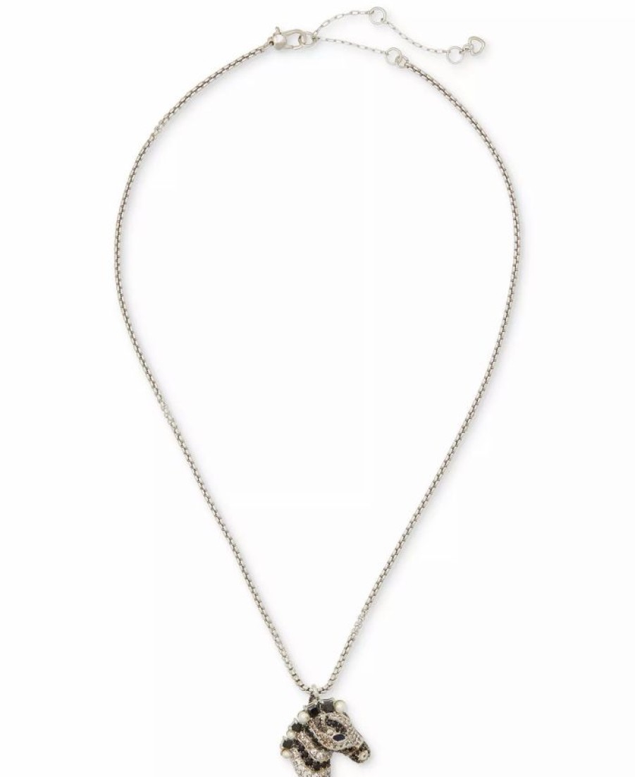 Best * Kate Spade New York Silver-Tone Pave & Imitation Pearl Zebra Pendant Necklace, 17 + 3 Extender Black Multi.