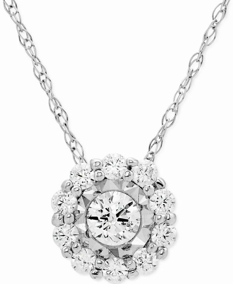 New * Macy'S Diamond Halo 18 Pendant Necklace (1/4 Ct. T.W.) In 14K White Gold White Gold