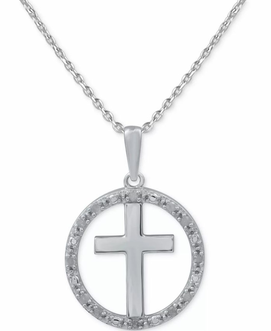 Clearance * Macy'S Diamond Halo Cross 18 Pendant Necklace (1/10 Ct. T.W.) In Sterling Silver Sterling Silver