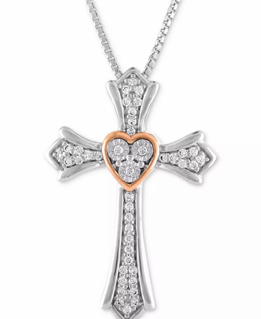 Online * Macy'S Diamond Cross Pendant Necklace (1/10 Ct. T.W.) In Sterling Silver & 14K Rose Gold Two-Tone