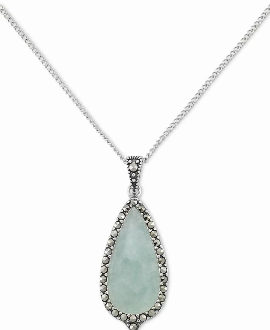 New * Macy'S Jade & Marcasite 18 Pendant Necklace In Sterling Silver Jade