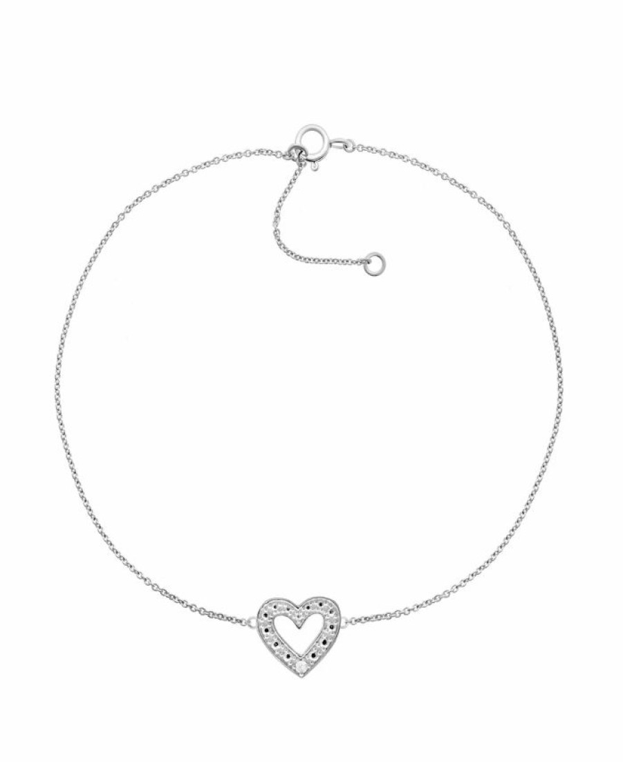 New * Macy'S Diamond Accent Heart Anklet In Sterling Silver, 9 + 1 Extender Sterling Silver