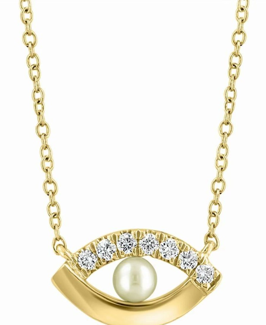 Clearance * Effy Collection Cultured Freshwater Pearl (3Mm) & Diamond (1/20 Ct. T.W.) Evil Eye 18 Pendant Necklace In 14K Gold 14K Yellow Gold