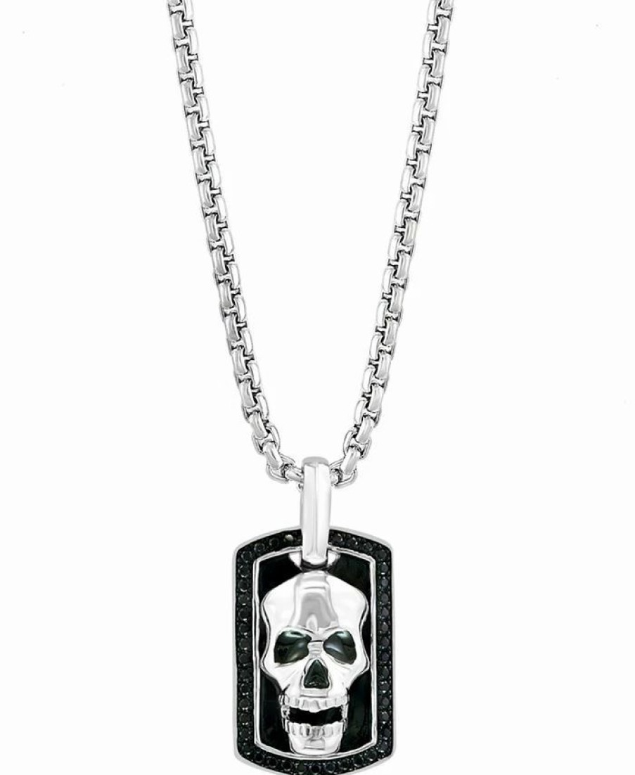 Hot * Effy Collection Men'S Black Spinel Skull Dog Tag 22 Pendant Necklace In Sterling Silver & Black Rhodium Sterling Silver