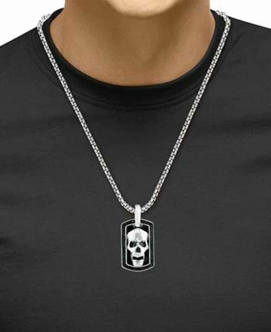 Hot * Effy Collection Men'S Black Spinel Skull Dog Tag 22 Pendant Necklace In Sterling Silver & Black Rhodium Sterling Silver