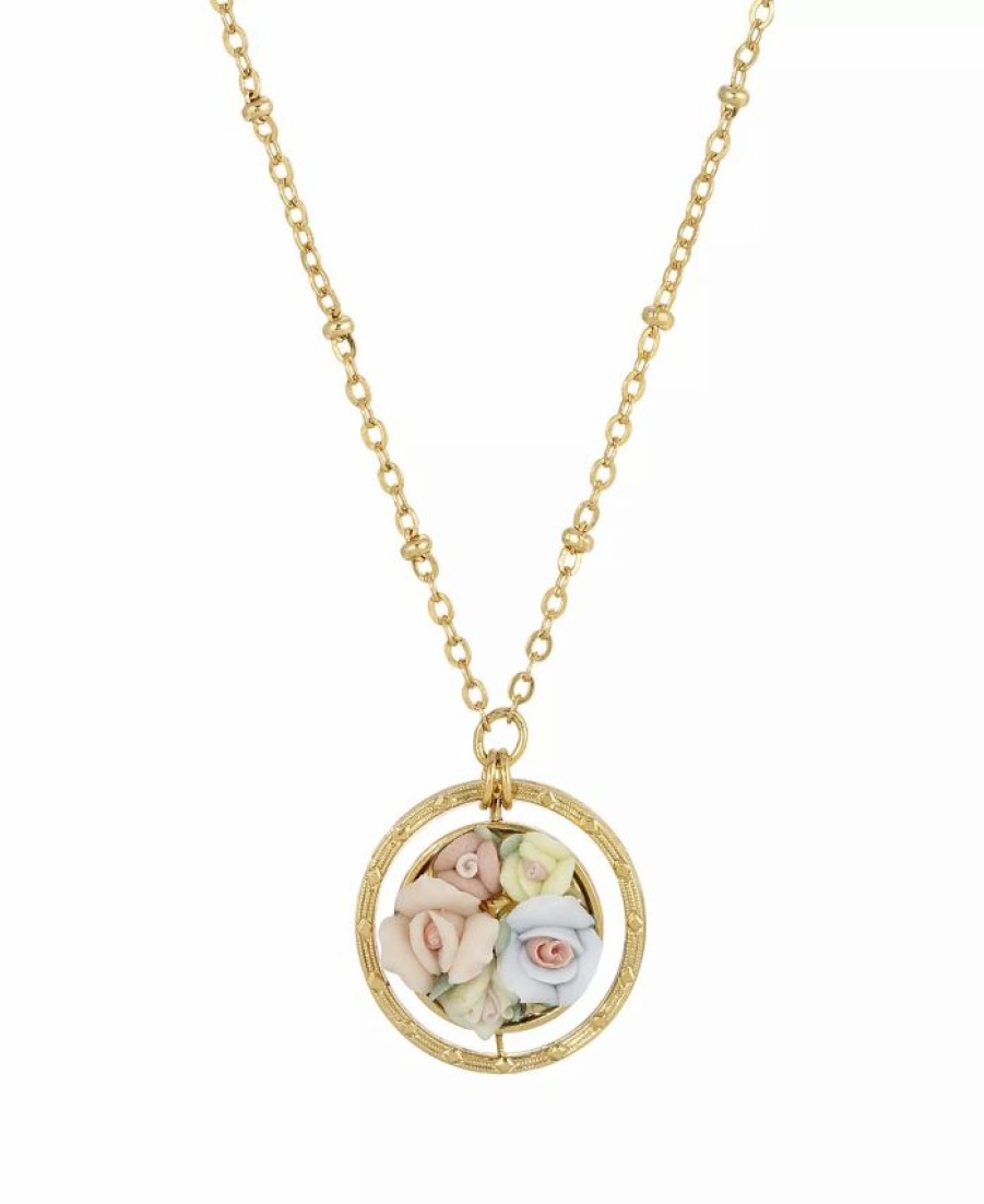 Hot * 2028 Women'S Gold Tone Yellow Porcelain Flower Round Drop Necklace Pink