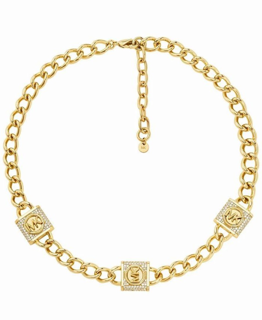 Hot * Michael Kors Cubic Zirconia Pave Station Lock Chain Necklace Gold