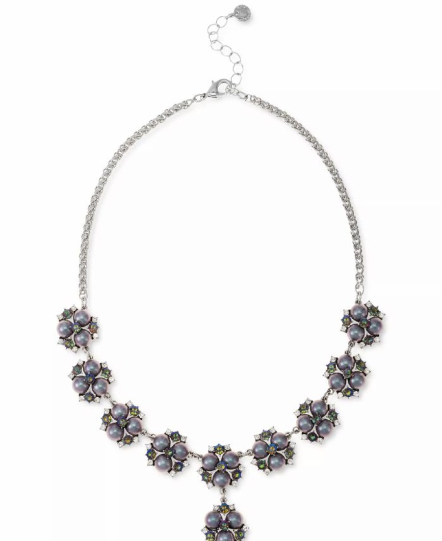 New * Charter Club Silver-Tone Crystal & Imitation Pearl Cluster Lariat Necklace, 17 + 2 Extender, Created For Macy'S Purple