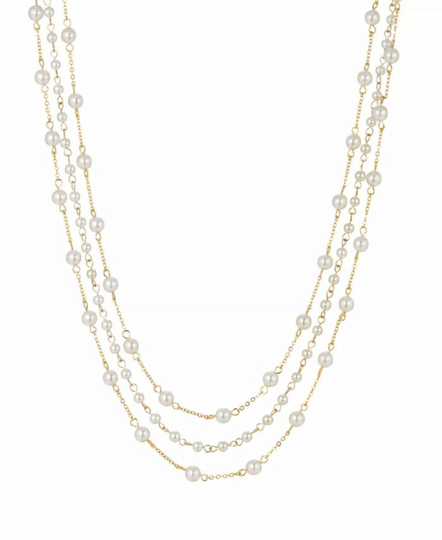 Online * 2028 Women'S Gold Tone Three Strand Imitation Pearl Chain Necklace White